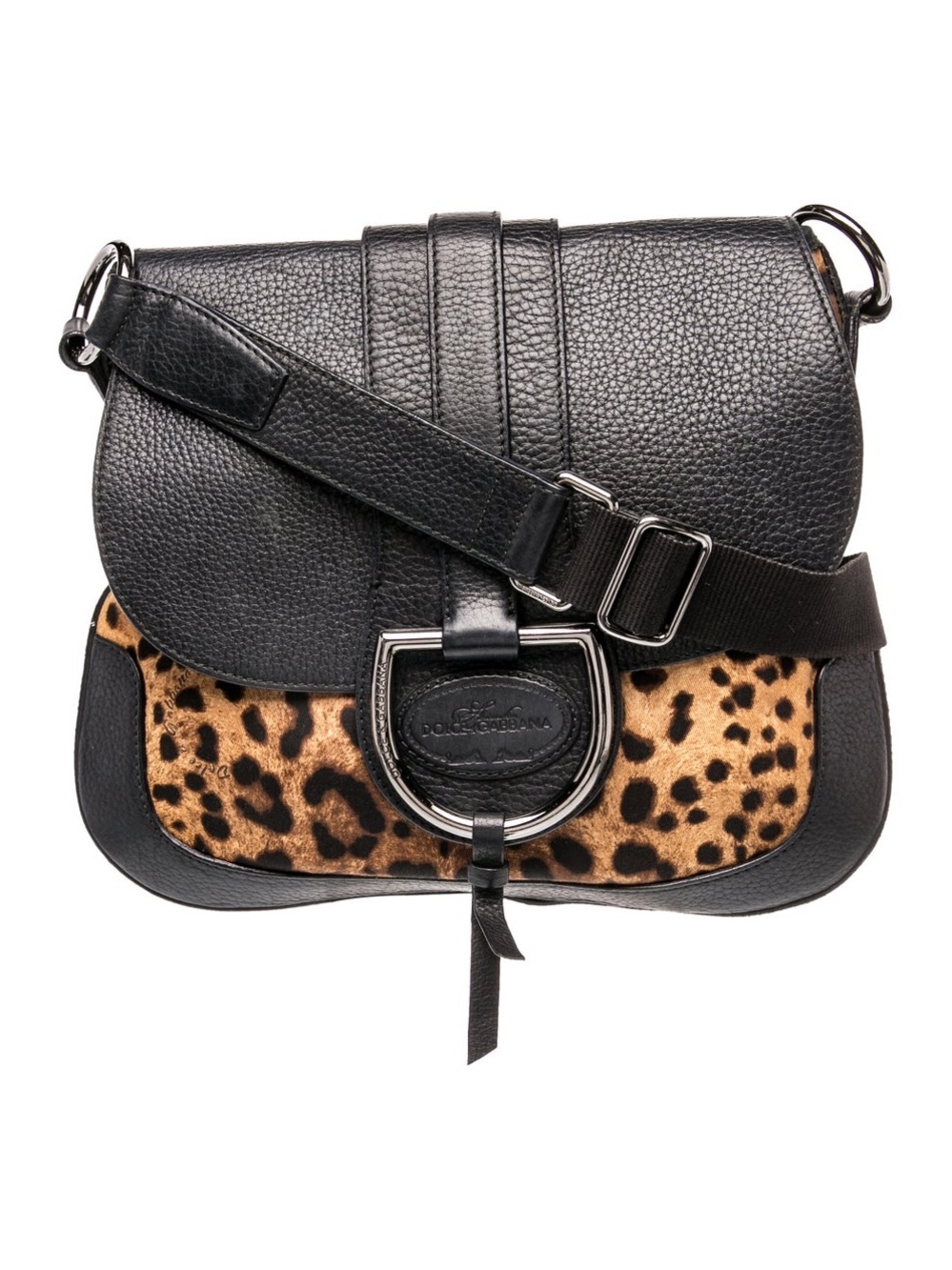 Dolce & Gabbana Black and Leopard-Print Leather Crossbody Bag